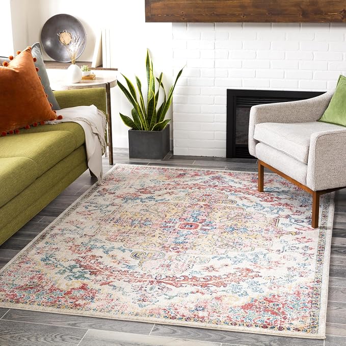 Livabliss Area Rugs - 5x7 Odelia Vintage Boho Red Off-White Blue Area Rug for Living Room Bedroom - Floral Medallion Stain Resistant Carpet for Kitchen, Nursery, Office (5'3" x 7'3")