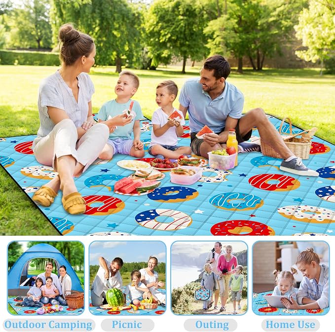 Poedist Extra Large Picnic Blanket Waterproof,80"x 80"Foldable Machine Washable Beach Blanket,Outdoor Blanket for 6-8 Adults, for Indoor Crawling,Park Beach,Camping,Hiking,Family Travel(Doughnut)