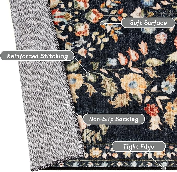 Round Rug 4ft Small Cicle Area Rug Washable Ultra-Thin Floral | Machine Washable Boho Circular Throw Carpet for Entryway Bedroom Kitchen Floor Indoor Low Pile Non Slip Boho Vintage Black
