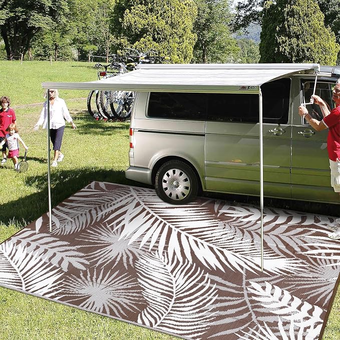 Outdoor Rug Waterproof for Patios Clearance, Reversible Outdoor Plastic Straw Rug Camping Carpet, Outside Floor Mats Large Area Rugs for RV,Patio,Deck,Porch,Beach,Balcony，10'x8',Brown&White