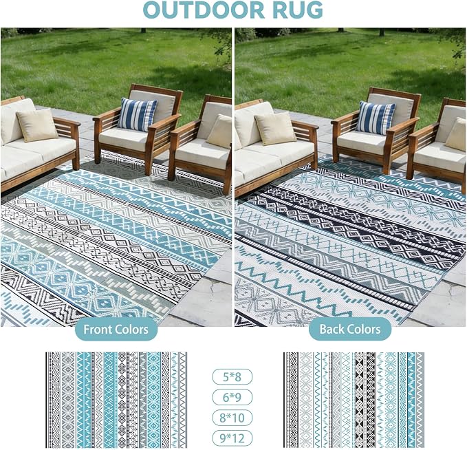 Outdoor Rug 8 x 10 ft, Reversible Plastic Straw Rug for Patio, Waterproof Large Outdoor Carpet for RV, Patio, Camping, Backyard, Deck, Picnic, Beach, Blue & Grey