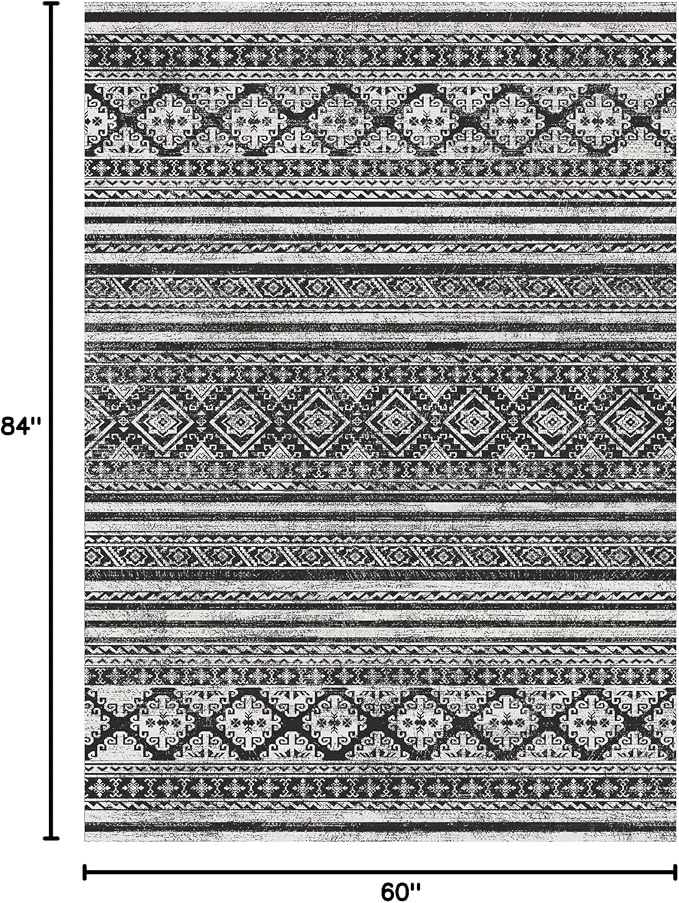 Washable Area Rugs 5' x 7' - 1/6 Thick - Moroccan-Inspired -Stain & Water Resistant Non-Slip - Resistant Rug for Living Room, Bedroom, Nursery, Pet & Child Friendly (Black)