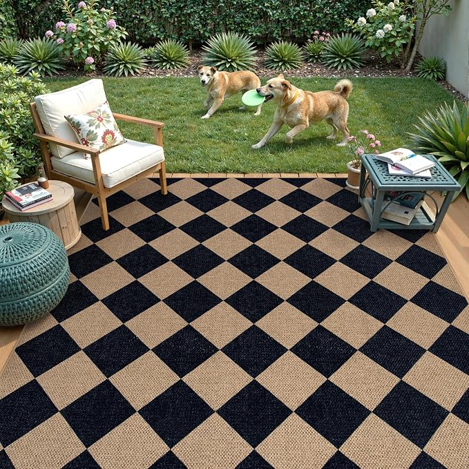 Lahome Colette Checkered Easy Jute Outdoor Rug, 5x7 Area Rugs for Living Room Nature Large Dining Room Carpet, Farmhouse Outdoor Patio Non Slip Diamond Carpet for Home Office Bedroom Backyard Deck