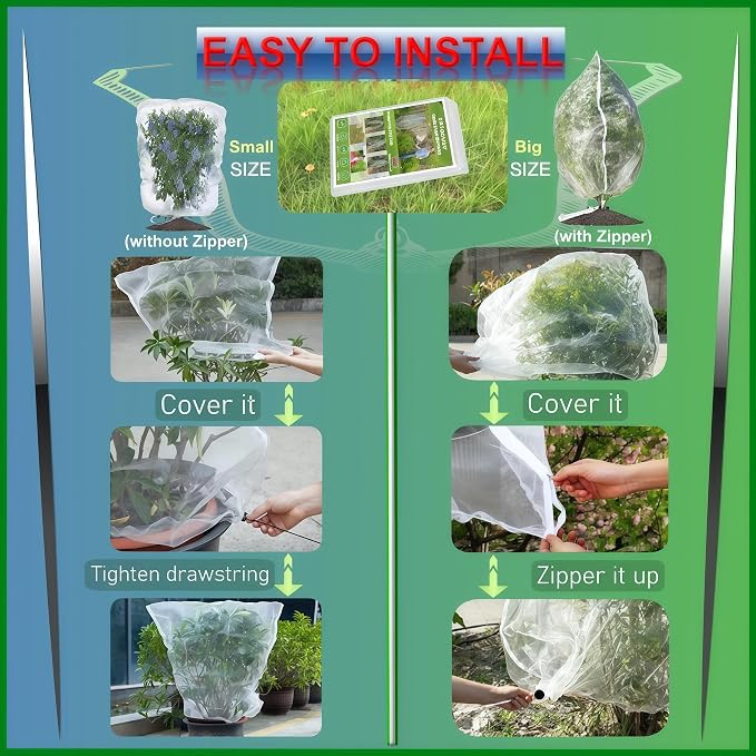 Fruit Tree Netting with Drawstring (4 Pack 4x5 FT)- Easy Install Plant Protection Cover, Reusable Garden Mesh Bag for Blueberry Bushes/Tomato - Block Birds/Insect/Squirrels
