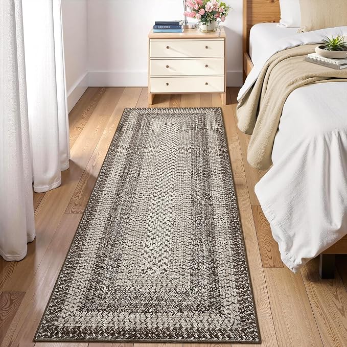 RUGSREAL Washable 2x10 Runner Rug for Hallway Kitchen Modern Runner Rugs | Long Runner Throw Carpet with Rubber Backing, Stain Resistant Braided Printed Entryway Carpet for Bedroom Living Room, Mocha