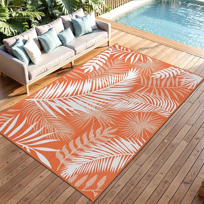 Outdoor Patio Rug, 6'x9' Plastic Straw Waterproof Mat, Reversible Camping Rug for RV Outside,Colorful Outside Layering Rug for Patios, Backyard, Deck, Balcony,Beach, Orange & White