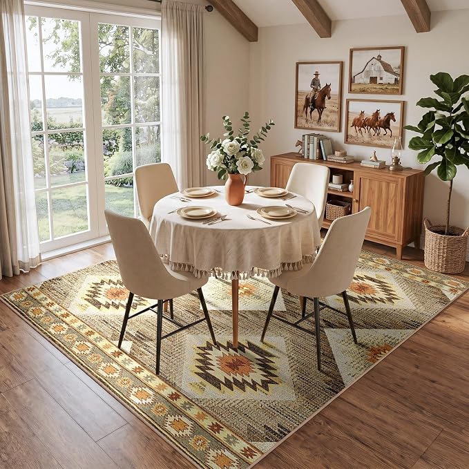 8ft-Square Washable Area Rug for Living Room Cream/Camel | Soft Western No Slip Low Pile Print Foldable Indoor for Kitchen Dining Room