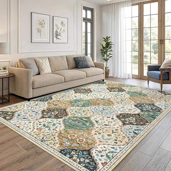 ROYHOME Area Rug - 5x7 Trellis Non-Slip Machine Washable Rug | Vintage Distressed Floral Carpet Stain Resistant Accent Rug Farmhouse Floor Cover for Dining Bedroom Decor, Beige/Taupe