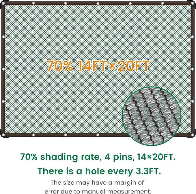 70% 14 X 20 FT Green Shade Cloth, Outdoor Woven Sun Shade with Grommets, Durable Breathable Netting Shading Antifreezing for Patio, Garden, DIY Home, Plants Cover, Greenhouse, Dog Kennel