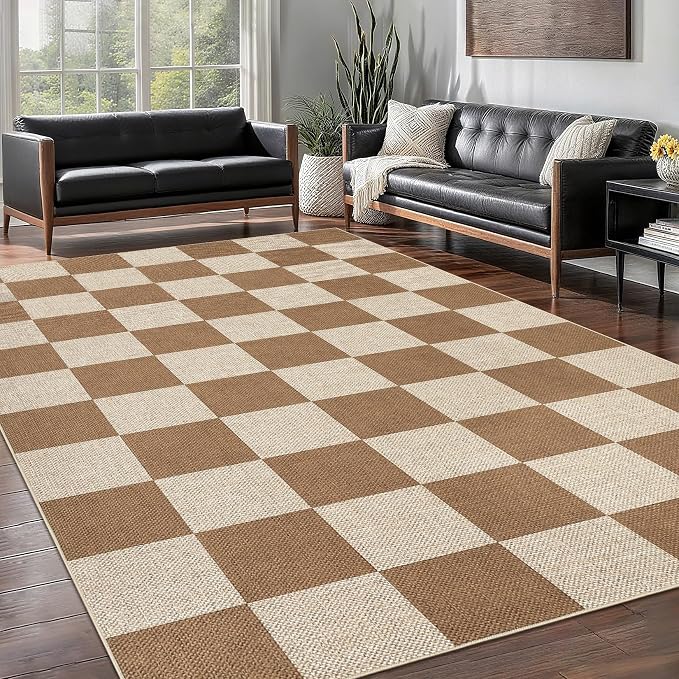 Garvee Easy Jute Outdoor Rug 5x7 Washable Modern Checkered Rugs，Brown | Living Room Non-Slip Farmhouse Checkered Outdoor Mat Neutral Floor Carpet for Bedroom Patio Dining Room Backyard