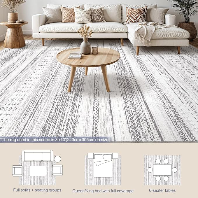 Tortania Area Rug Living Room Rugs - 8x10 Washable Large Soft Neutral Boho Moroccan Bohemian Farmhouse Rug Indoor Floor Carpet for Bedroom Under Dining Table Home Office Decor - Light Grey