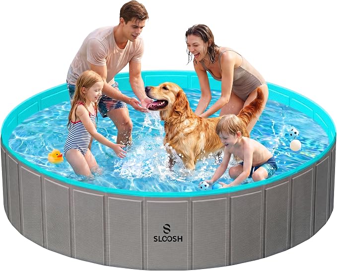 SLOOSH Foldable Dog Kiddie Pool - Portable Hard Plastic Doggie Swimming Pool, Anti-Slip Collapsible Pets Bath Tub Suitable for Kids Toddler Indoor Outdoor Backyard Use (Gray, 71" x 12")