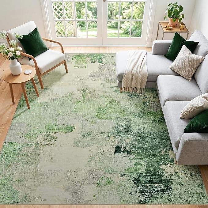 Joydeco Washable 8x10 Light Green Abstract Low Pile Living Room Area Rugs | Non-Slip Soft Stain Resistant Machine Wash Modern Pet Child Friendly Carpet for Bedroom Dining Room Home Office Playroom Rug