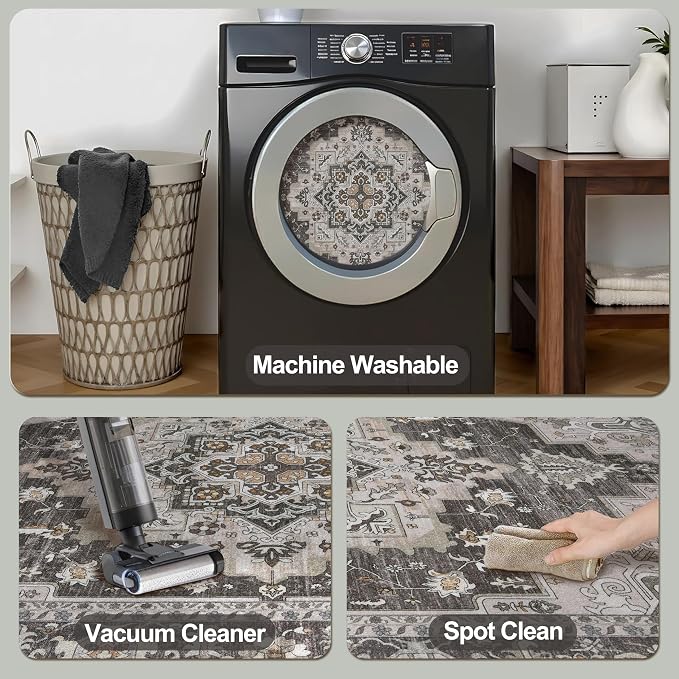 Tangsoo Vintage 3x5 Washable Rugs, Non Slip Accent Rugs for Entryway Grey | Oriental Print Indoor Carpet, Boho Soft Low Pile Farmhouse 3x5 Area Rug for Living Room Bedroom Bedside Entrance Home Decor