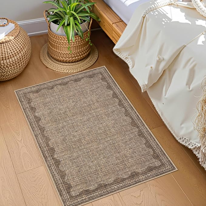 GarveeHome Door Mat Indoor Rugs for Entryway Scalloped Small Rug 2x3 Washable Non-Slip Solid Coffee Modern Minimalism Soft Low-Pile Throw Carpet for Bedroom Kitchen Bath Entrance