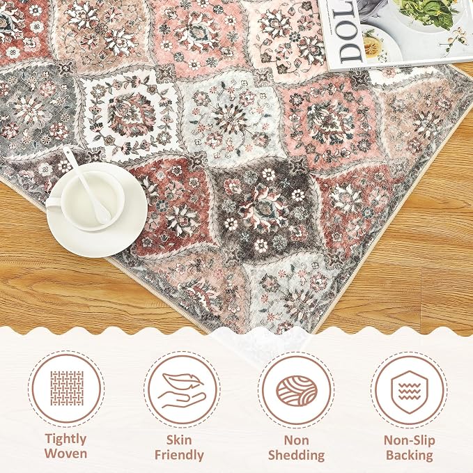 ROYHOME 9x12 Area Rug Large Moroccan Machine Washable Rug, Pink/Grey | Vintage Medallion Distressed Trellis Indoor Accent Rug Stain Resistant Non-Slip Floor Cover Carpet for Living Room Bedroom
