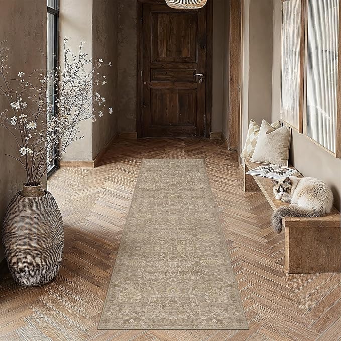 2x8 Light Brown Vintage Floral Washable Runner Rug for Hallway | Low Pile, Non Slip, Retro Style, Soft Distressed Indoor Rug for Entrance, Kitchen, Bedroom, Laundry Room, Home Decor