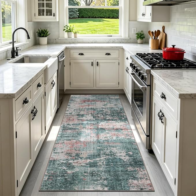 Sasttie 2x6 Runner Rug, Modern Abstract Hallway Carpet, Pink & Green | Machine Washable, Ultra-Soft Faux Wool, Low Pile, Non-Slip, Thin, for Entrance, Entryway, Kitchen & Laundry Room