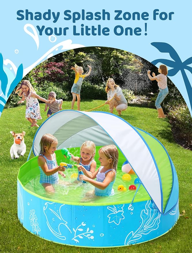 Hikiddy Foldable Kiddie Pool with Canopy, 47in, Blue-Green | for Baby Toddler Kids Pets - Summer Water Play Pool with Removable Shade - Portable for Outdoor Backyard Beach