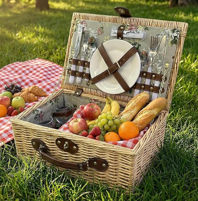 Multifunctional Wicker Picnic Basket Set for 2 Adults with Picnic Table and Blankets,Large Insulated Picnic Set with Wine Pouch and Full Tablewares for Camping Outdoor Couples Beach Wedding Flower
