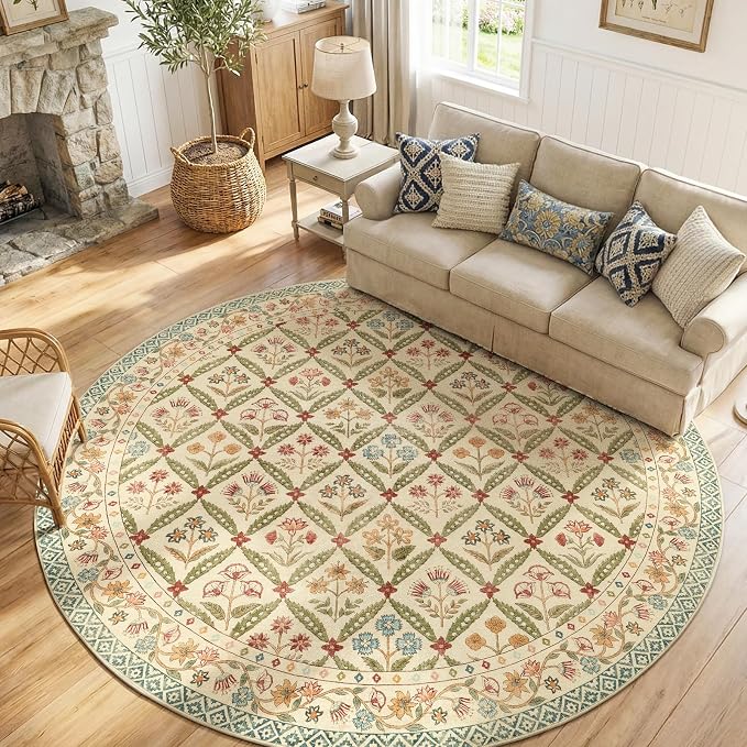 jinchan Round Rug 7ft Vintage Floral Washable Circle Area Rug, Teal Blue | Soft & Lightweight, Checkered Floral, Low Pile, Non Slip, Dining Room, Living Room, Bedroom, Girls Room, Kids Room Decor