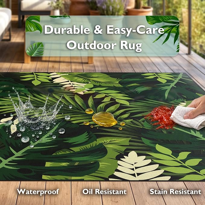 Arenarug 4x6 Monstera Tropical Outdoor Rug – Waterproof Non-Slip Machine Washable Patio Rug, UV & Stain Resistant Outdoor Carpet for Patio Deck Balcony Backyard, Dark Green