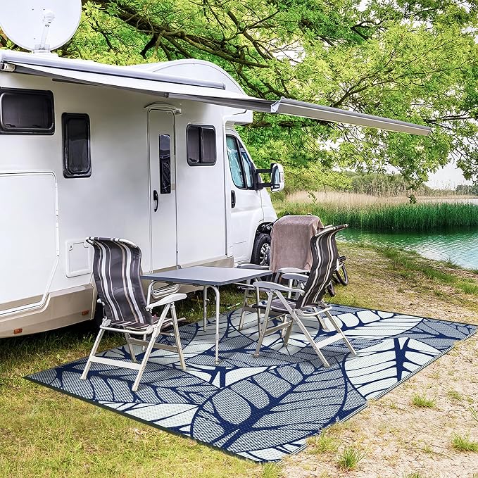 GENIMO Outdoor Rug 6' x 9' Waterproof for Patio Clearance, Reversible Plastic Straw Camping Carpet, Lightweight Mat for Rv, Camper, Deck, Porch, Picnic, Balcony, Beach, F.Blue & White