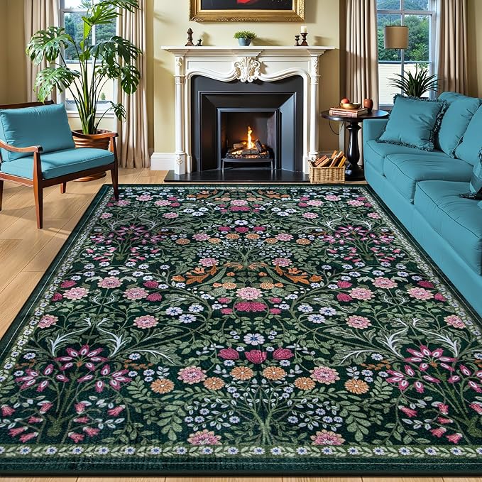 PLHXFR Area Rug 10x14 Living Room: Floral Washable Boho Carpet Dark Green | For Bedroom Dining Room Farmhouse Nursery Hallway,Vintage Floral,Machine washable,Non Slip,Stain Resistant,Large Indoor