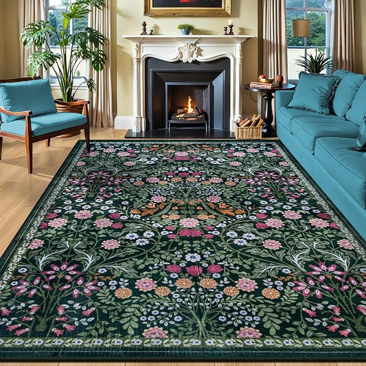 PLHXFR Area Rug 10x14 Living Room: Floral Washable Boho Carpet Dark Green | For Bedroom Dining Room Farmhouse Nursery Hallway,Vintage Floral,Machine washable,Non Slip,Stain Resistant,Large Indoor