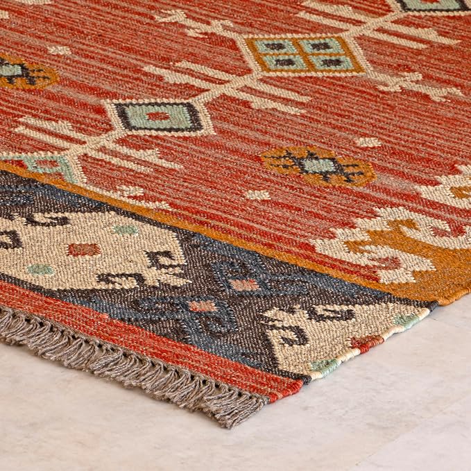 Jute Traditional Kilim Rug Boho Flatweave Area Rug for Living Room, Living Room Entryway, Tribal Series, 3'x5'