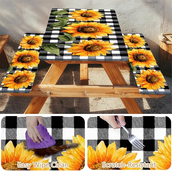 Picnic Table Cover with Bench Covers Elastic Edges, Outdoor Patio Camping Essentials 96 Inch 3PCS, Waterproof Camping Fitted Tablecloth with Handbags (Sunflower buffalo plaid)