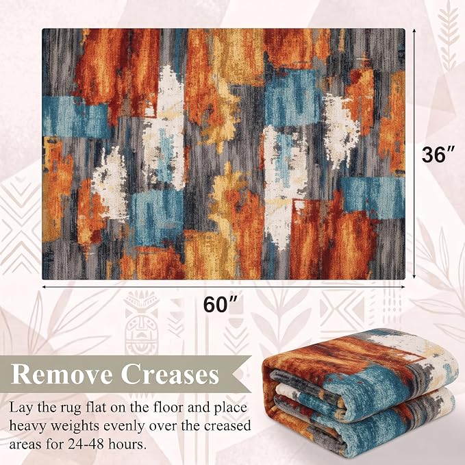 3x5 Burnt Orange and Teal Abstract Brushstroke Area Rug | Soft Low-Pile Machine-Washable Rug with Non-Slip Backing for Dining Rooms, Entryways and Reading Areas for Easy Everyday Care