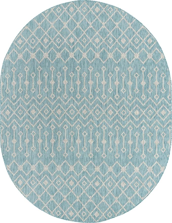 Unique Loom Outdoor Trellis Collection Area Rug - Tribal Trellis (7' 10" x 10' Oval, Aqua/ Ivory)