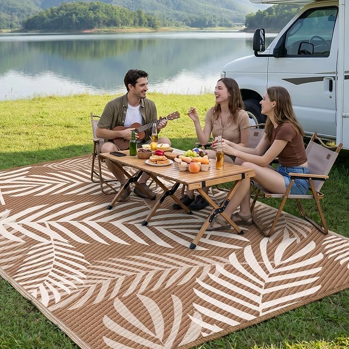 Kohree Outdoor Rug Waterproof 8x10, Reversible Outdoor Plastic Straw Rug with Leaf Pattern, Easy-Cleaning RV Mat Carpet for for Patio, Camping, Balcony, Deck, Backyard, Brown & Beige