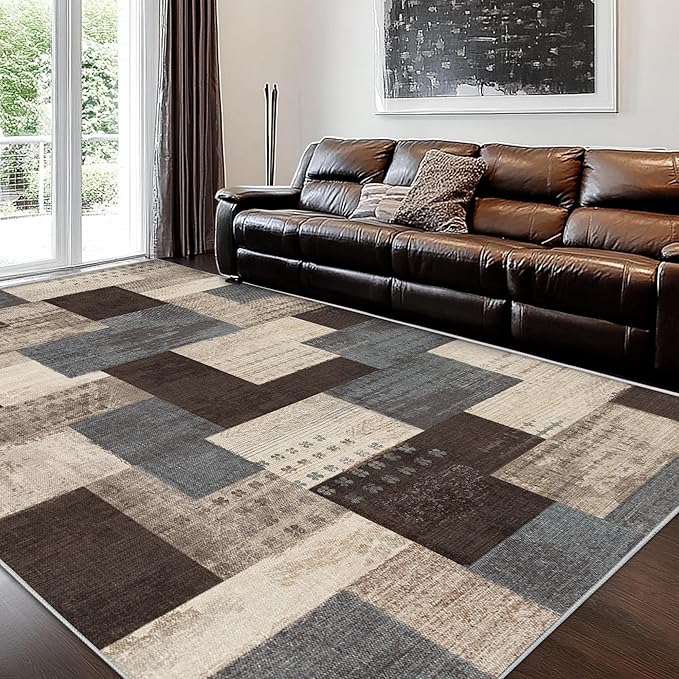 Modern Geometric Patchwork Indoor Blue Area Rug for Living Room | Blue-Taupe 5'x 7' Large Rug Rockwood Collection Hardwood Floors Decor for Bedroom, Throw Carpet for Office Entryway Dining