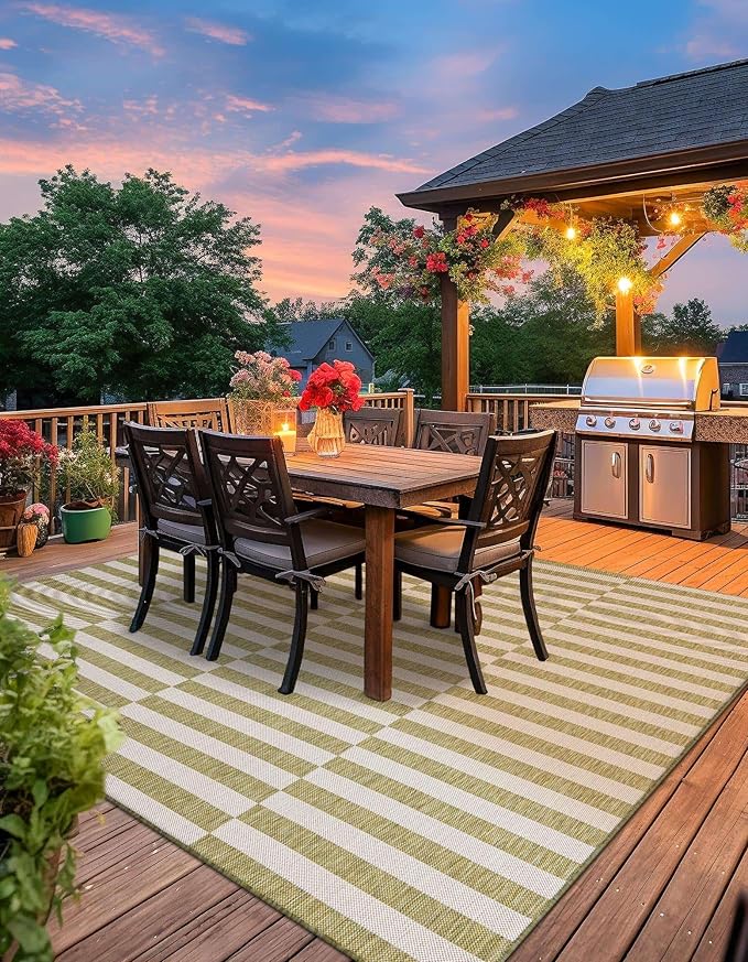 Unique Loom Outdoor Striped Collection Area Rug - Striped (10' Square Green/Ivory)