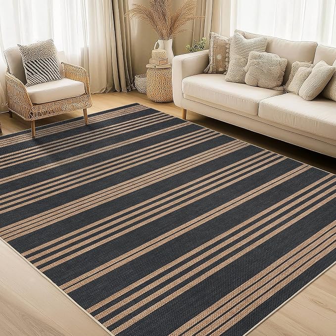 Garvee 5x7 Area Rugs Easy Jute Washable Rugs Living Room, Black & Brown | Modern Line Print Area Rug Stain Resistant Easy Cleaning Throw Rugs Non Shedding Low Pile Floor Cover for Nursery Dining Room