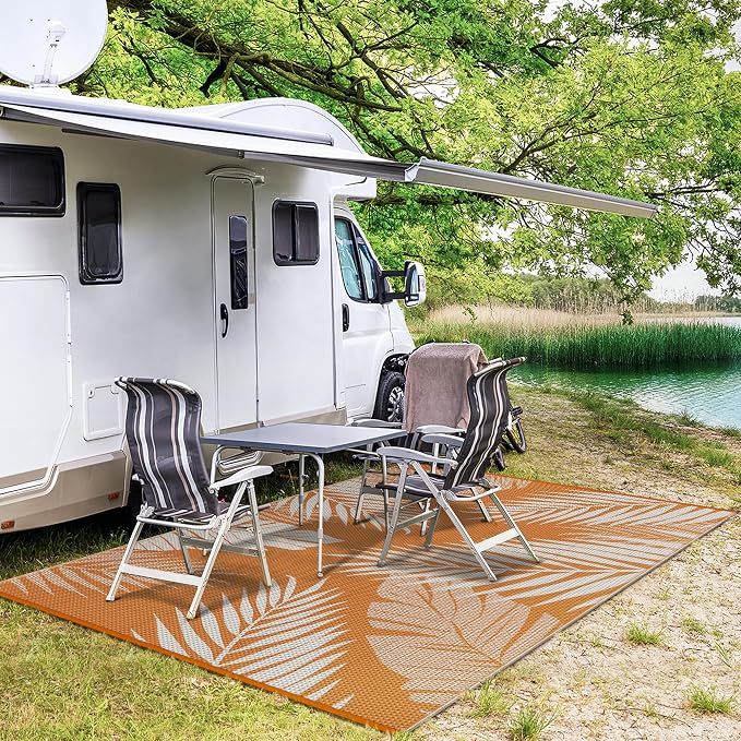 GENIMO Outdoor Rug 6' x 9' Waterproof for Patios Clearance, Reversible Outdoor Plastic Straw Camping Rug Carpet, Large Area Rugs Mats for RV, Camper, Deck, Balcony, Porch, Beach, Picnic, Orange&White