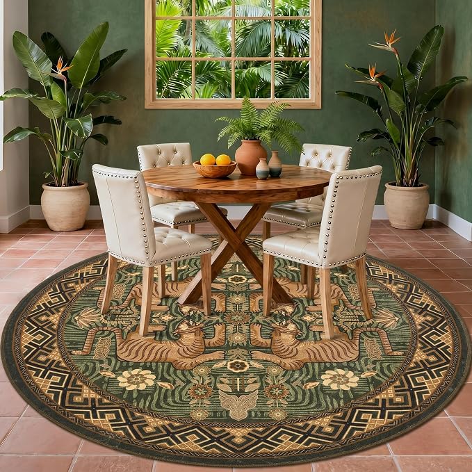 GarveeHome Tiger Round Area Rugs Boho Kids Room Non Slip Washable Vintage | 6ft Green Animal Print Circle Rugs, Tribal Floor Carpet for Dining Room Entryway Nursery Playroom Office