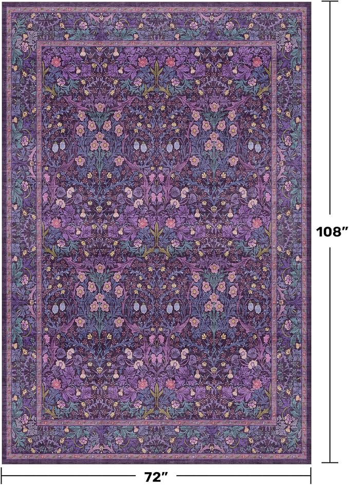 Plum Purple Floral Area Rug 6x9 for Dining Room, Living Room, Bedroom | Machine Washable, Non-Slip, Stain Resistant, Low Pile, Soft