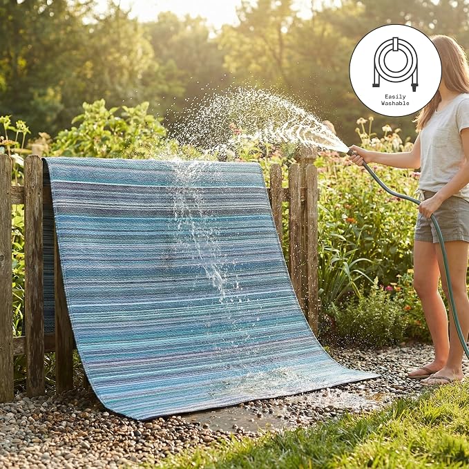 Fab Habitat Striped Outdoor Rug - Waterproof, Fade Resistant, Crease-Free, Reversible - Premium Recycled Plastic - Patio Porch Balcony Deck - Cancun Indigo - 8x10 ft