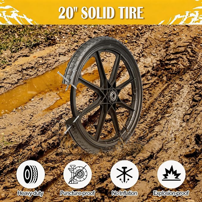 20'' Flat-Free Tire and Wheel, 250LB Capacity Each, Compatible with R ubbermaid Wheelbarrow, Includes 3/4'' & 5/8'' Bearings, 2.5'' Hub, for Garden Cart, Big Wheel Utility Carts, 2 Pack