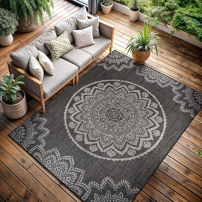 CAMILSON Outdoor Rug 8x10 Modern Area Rugs for Indoor and Outdoor Patios and Porches - Waterproof, Non-Shedding, Easy-to-Clean Outside Carpet (8 x 10, Medallion - Dark Grey/Light Grey)
