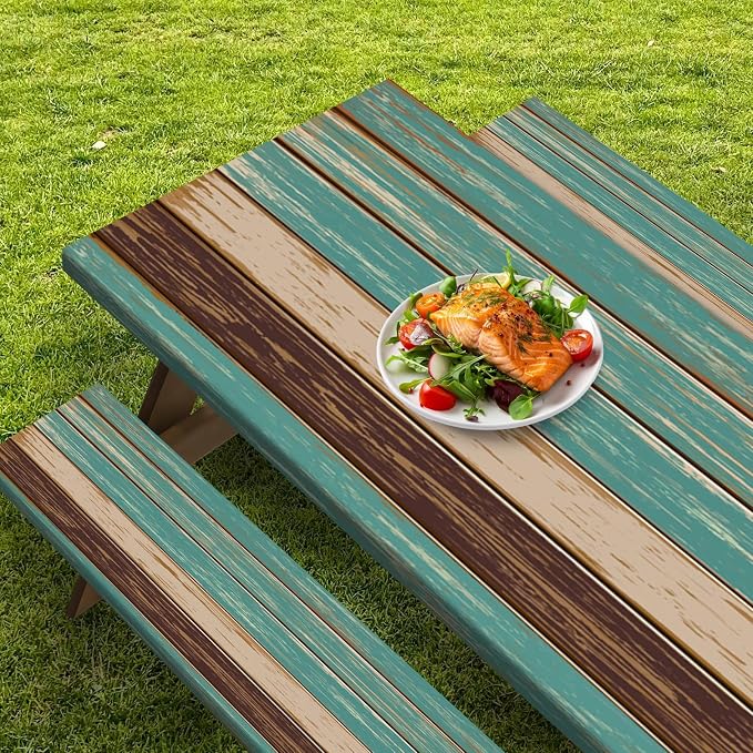 Teal Brown Picnic Table Cover with Bench Covers, Vintage Retro Wood Board Outdoor Camping Essentials 6FT 3PCS Fitted Rectangle RV Must Haves Tablecloth with Drawstring Bag