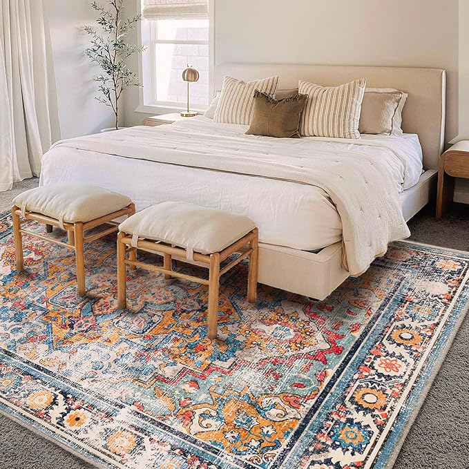 CHAMPLANT Washable Area Rug 3'x5' Rugs for Living Room Retro Flowers Machine Non-Slip Bedroom Vintage Trellis Distressed Carpet for Dining Room Office