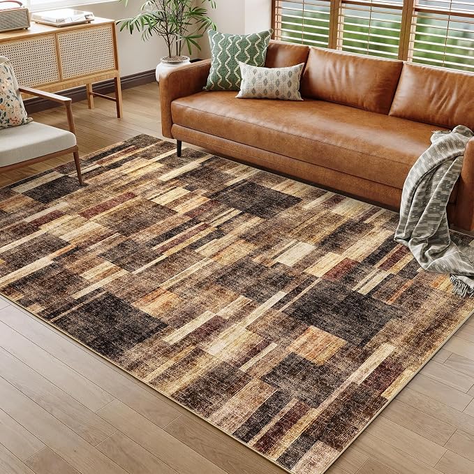GarveeHome Large Living Room Area Rug 8x10 - Machine Washable Modern Rugs Geometric Neutral Rug Non-Shedding Low Pile Farmhouse Carpet for Bedroom Nursery Classroom Dorm 8 ft x10 ft Brown