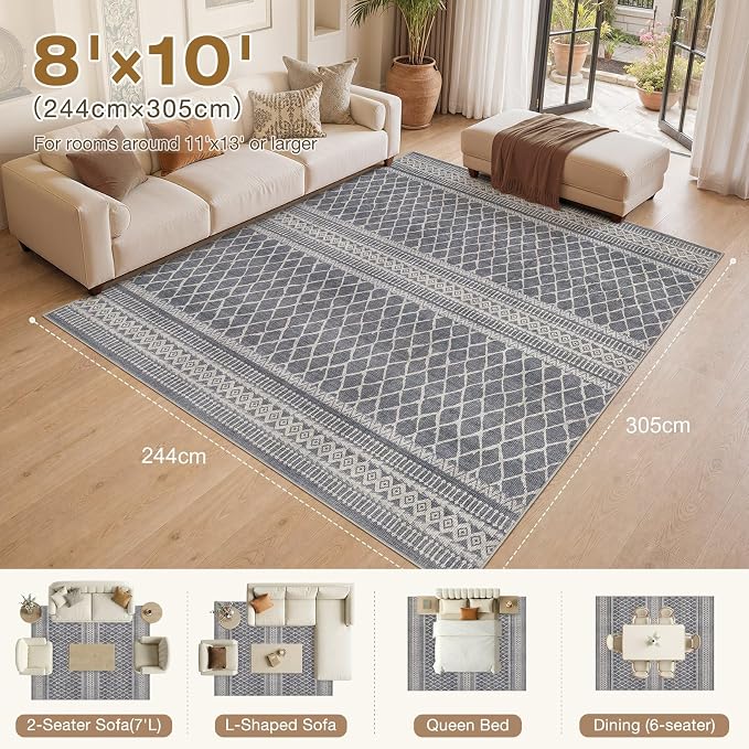 cotiled Boho 8x10 Area Rugs for Living Room: Large Moroccan Washable Rug | Stain Resistan Carpet for Bedroom Farmhouse Dining Room Grey