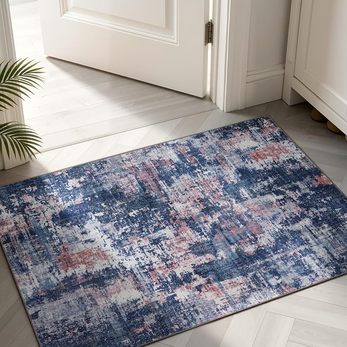Sasttie 2x3 Entryway Area Rug, Modern Abstract Small Carpet, Pink & Blue | Machine Washable, Ultra-Soft Faux Wool, Non-Slip, Low Pile, Thin, for Entrance, Door-Mat, High-Traffic Areas