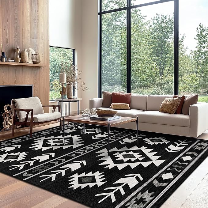 8x10 Area Rug for Living Room Western Rug Southwestern Aztec Tribal Rugs Southwest Navajo Machine Washable Non-Slip Printed Low-Pile Floor Carpet for Bedroom Dining Room Office, Black