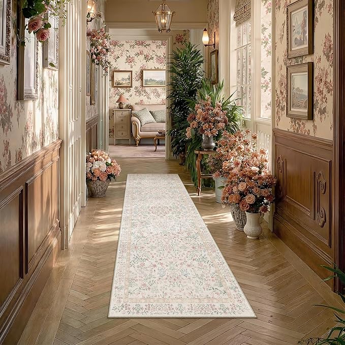 2x8 Pink Floral Runner Rug Vintage Farmhouse Style | Washable, Non Slip, Soft Low Pile, Long Hallway Carpet for Kitchen, Entryway, Laundry Room, Botanical Decor